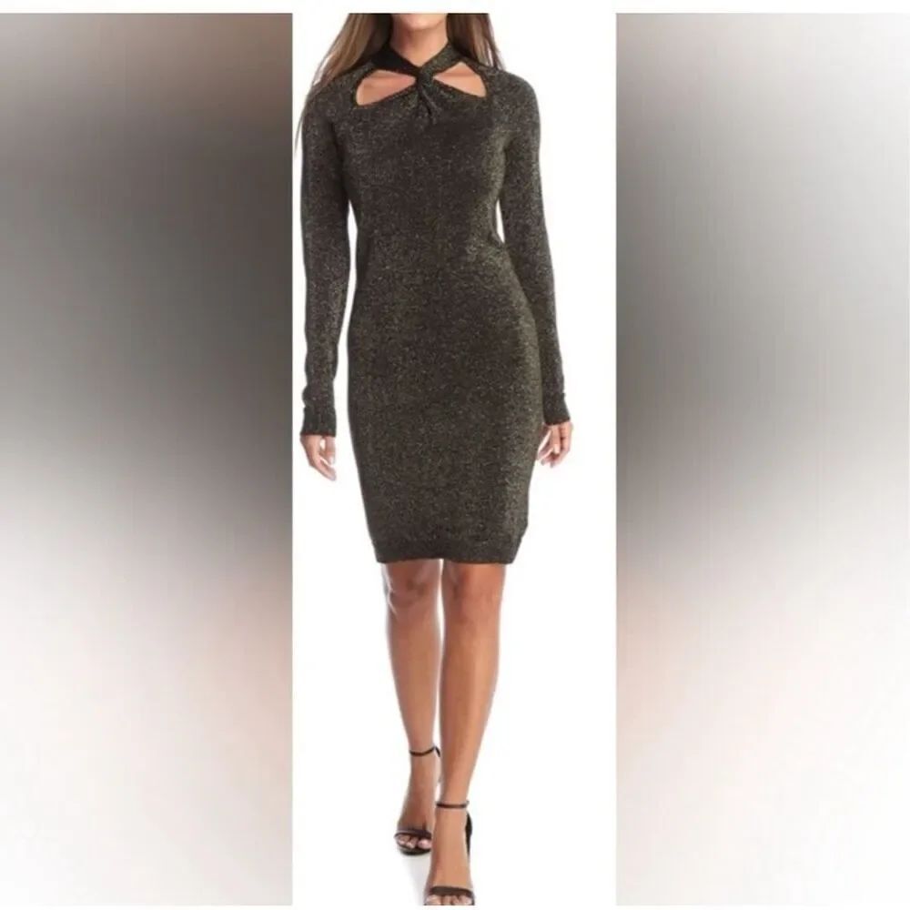 Michael Kors Bodycon Dress Black Gold Glitter Twist Front Long Sleeve size L